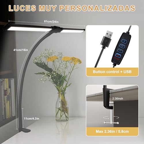 Lámpara Doble de Escritorio LED, Lampara de Escritorio con 3 Modos de Color y 10 Ajustes de Brillo, Lampara de Mesa de Brazo Flexible Ajustable 360° para Leer, Hogar y Oficina (Negro, 50 centímetros)