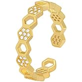Izpack Crystal Honeycomb Bee Ring Adjustable Open Statement Wedding Engagement Promise Rings 14K Gold Plated Geometric Stacking Thumb Finger Bands Dainty Cubic Zirconia Jewelry for Women Wife