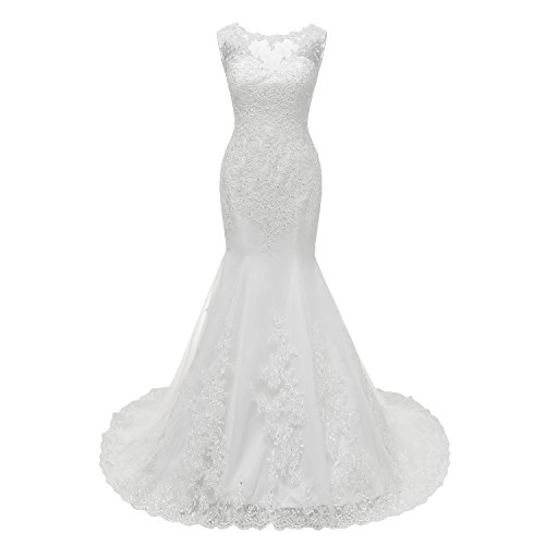Jasminebridal Women's Sleeveless Real Picture Mermaid Wedding Dress Lace Bridal Gowns (16, White)