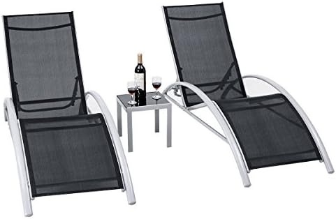 oldzon 3 PCS Outdoor Patio Pool Lounger Set Reclining Garden Chairs Glass Table with Ebook