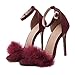 MMJULY Women's Open Toe Ankle Strap Fluffy Feather Stiletto High Heel Dress Sandal Burgundy US 8