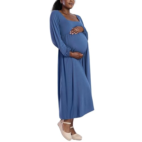 Motherhood Maternity Women’s Long Sleeve Empire Waist Maxi Pregnancy Dress, Vintage Indigo, X-Small