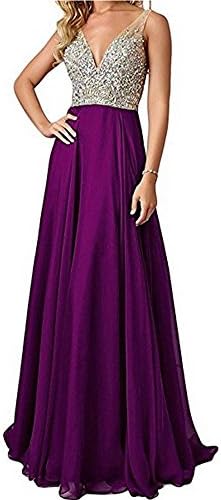QSYE Women's Beaded Prom Dreeses Long V-Neck Chiffon Evening Gowns 2018 Grape,0
