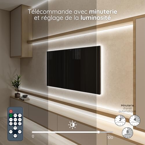 Ruban LED COB, Bande LED 5m Blanc Froid, Bandeau LED Cuisine Decoration Chambre TV, Strip Light 24V, Lumiere Dimmable, Interieur, 480LED/m, 6500K. Comprend Télécommande et Alimentation