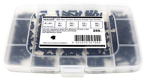 iExcell 250 Pcs M3 x 6mm/8mm/10mm/12mm/16mm 10.9 Grade Alloy Steel Hex Socket Button Head Cap Screws Kit, Black Oxide Finish