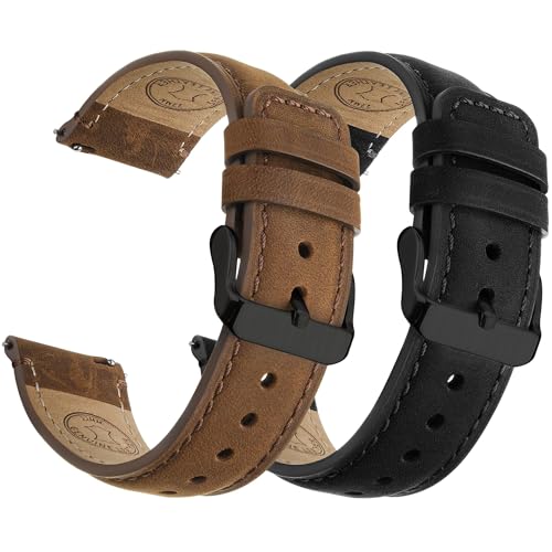 Fullmosa Genuine Leather Watch Straps 22 mm Quick Change Bracelet for Men and Women, Set of 2 Replacement Leather Straps with Stainless Steel Clasp, Coffee & Black with Black Clasps