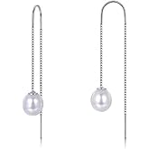 MOLAH 925 Sterling Silver Genuine Cultured Freshwater Pearl 8-8.5mm Threader Earrings Rhodium Plated