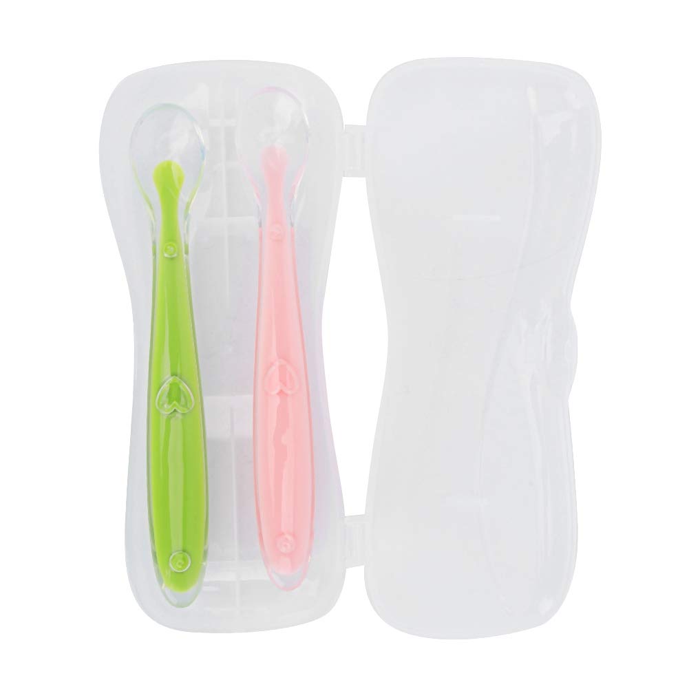 Baby Spoons Silicone Weaning Spoons for Self Feeding, Soft Tip Infant Toddler Utensils First Stage Baby Led Weaning Spoons with Travel Storage Box, 4+ Months (Green and Pink)