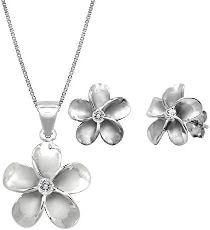 Sterling Silver Hawaiian Plumeria CZ Pendant Necklace & Plumeria Stud CZ Earrings Set