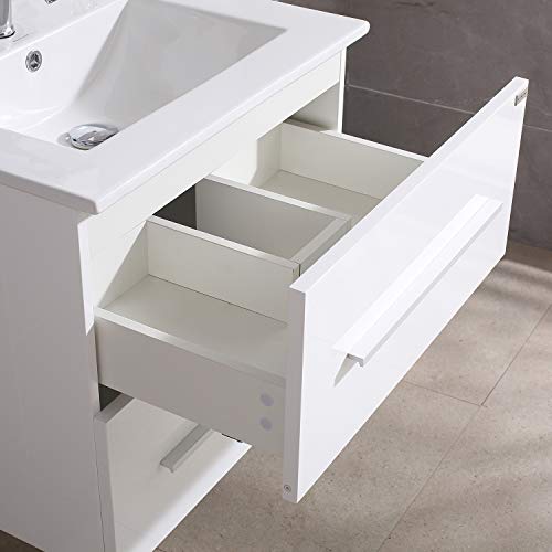 Walnest 24" White Bathroom Vanity and Sink Set Wall Mounted 2 Drawers Storage Cabinet with Ceramic Vessel Basin Chrome Faucet and Mirror Combo