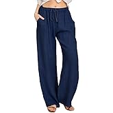 chouyatou Women's Summer Loose Drawstring Waist Beach Linen Wide Leg Pants Palazzo
