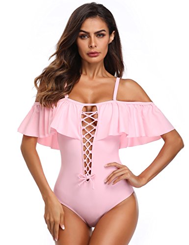 MarinaVida Women Off Shoulder One Piece Swimsuit Ruffled Bathing Suits
