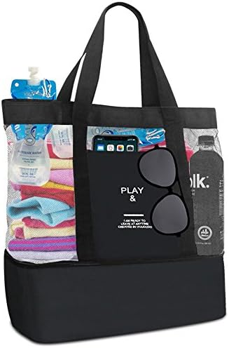 Tosun Mesh Beach Bag, 14.57 in Picnic Tote Bag Large Capacity with Cooler Component for Beach Shopping Travel Yoga Gym (Black)