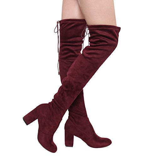 Women s Over The Knee Boots Stretchy Drawstring Thigh High Chunky Block Heel Boots Burgundy 6.5