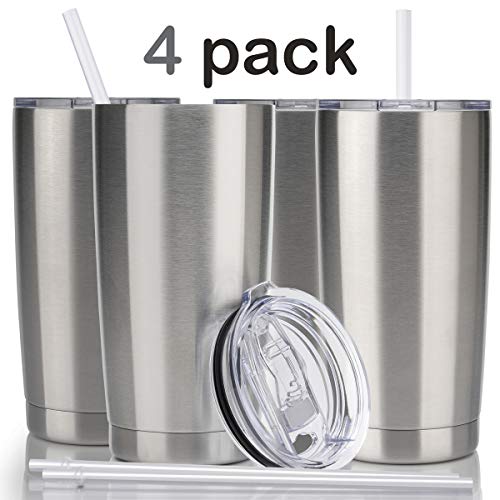 CIVAGO 20oz Tumbler with Lid and Straw, Stainless Steel Vacuum Insulated Coffee Tumbler Cup, Double Wall Powder Coated Travel Mug (Stainless, 4 Pack)