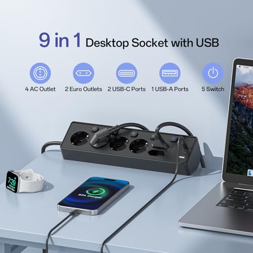 3M Power Strip with USB, 6 Power Sockets and 3 USB, PD 30 W Power Strip with Surge Protection, Electrical Power Strip with Switch for Desk, Office, Home