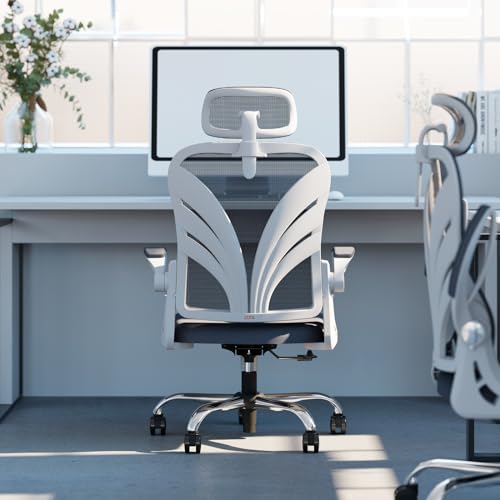 HOLLUDLE Office Chair with Folding Backrest, Ergonomic Computer Chair with 2D Headrest, Folding Armrests and Mesh Lumbar Support Office Seat, White