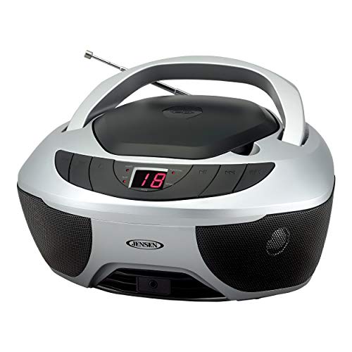 Jensen CD-475S Portable Sport Stereo Boombox CD Player with AM/FM Radio and Aux Line-in & Headphone Jack (Silver)