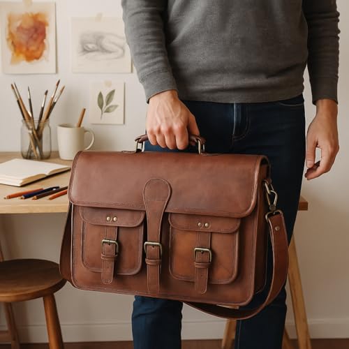 Leather Messenger Bag for Men and Women 18 inch Large Vintage Leather Briefcase Laptop Shoulder Bag Unisex Crossbody Messenger Satchel for Office, Business, Work, Travel