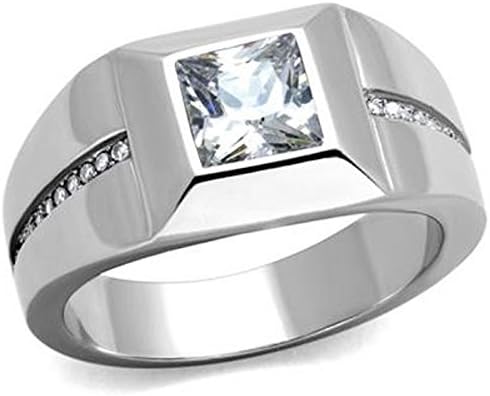 Men's Princess Cut Cubic Zirconia Silver Stainless Steel Ring Band Size 8-14 (14)