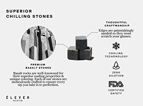 Whiskey Glasses and Stones Gift Set - Luxury Drink Kit with Premium Basalt Chilling Rocks (8 cubes), Glasses of 2, Tongs, Velvet bag in Exclusive Wood Decor Box - for wine, bourbon, scotch - by ÉLEVER