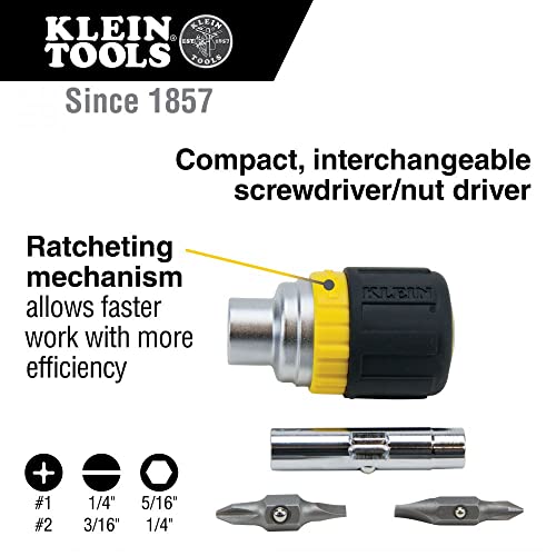 Klein Tools 32593 Multibit Ratcheting Screwdriver, 6in1 Stubby Tool