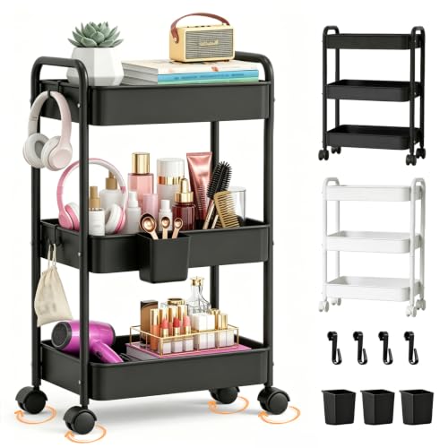KIROGILY Carrito Organizador 3 Niveles, Carrito Organizador con Ruedas de Metal, Carritos Auxiliar con 4 Ganchos y 3 Cajas, Carritos de Servicio para Cocina Baño Estética (Negro)