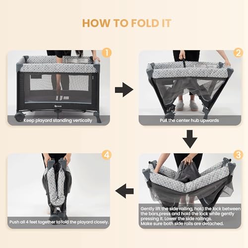 5 in 1 Multifunctional Pack and Play,Qutanix Foldable Baby Crib with Bassinets,Changing Table,Newborn Napper with Canopy,Diaper Stacker,Baby Playpen for Babies and Toddlers