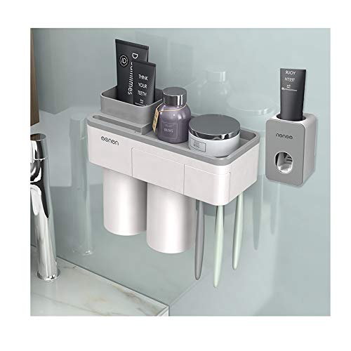 IKEAR Magnetic Toothbrush Holder & Automatic Toothpaste Dispenser Squeezer, Wall Mounted Space Saving Toothbrush Organizer with Dustproof Cover Cosmetic Organizer and Drawer,4 Toothbrush Slots, 2 Cups