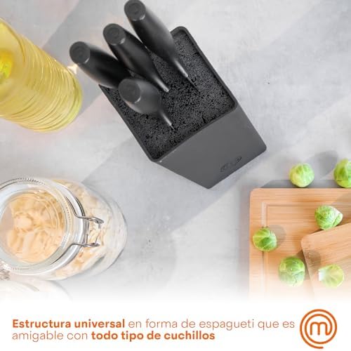 MasterChef Juego de Cuchillos de Cocina con Soporte Taco Universal con Set para Pan, Cebollero, Chef, Carne y Pelar, en Acero Inoxidable, 5 Piezas, Negro, Stainless Steel, Negro, Tacto Suave