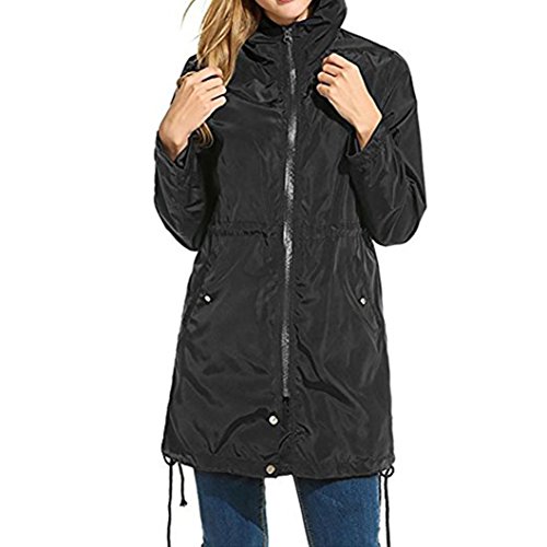 Outerwear, Women's Packable Rain Jacket Classic Long Bomber Jackets (Black, L)