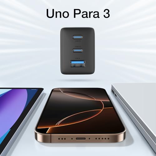 1 Hora 65W Cargador Tipo C GAN de 3 Puertos con Cable USB C 65W 2M, Cargador Carga Rapida USB C Plegable, Compatible con MacBook Pro/Air, IP 17 16 15 Pro MAX, Galaxy S23 S22, Google Pixel 7, iPad Pro