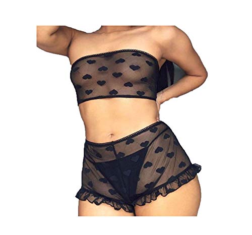 Frecoccialo-2-PC-Pigiama-Nero-Lingerie-da-Donna-in-Pizzo-Babydoll-Biancheria-Intima-di-Pizzo-Stampa-Cuore-Indumenti-da-Notte-Sexy-String-Set-Abito-da-Notte-Nuovo