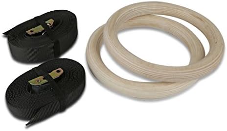 Gymenist Pair of Wood Gymnastics Gym Rings Set of 2 Workout Exercise Hoops with Bands And Buckles (Belt Width 1.5 Inch)