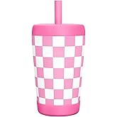Kid Insulated Stainless Steel Tumbler with Silicone Straw, 12oz Sippy Cup for Kids (Pink Checkerboard)