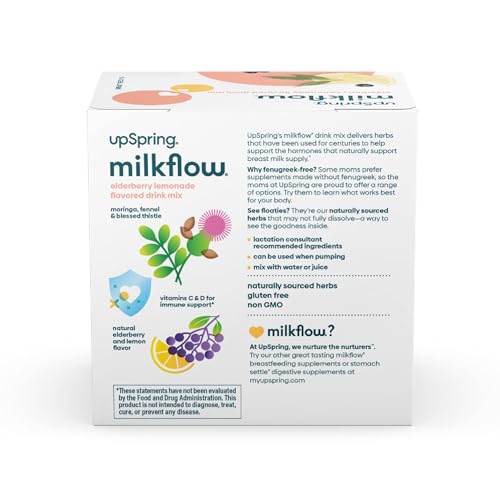 UPSPRING MILKFLOW IMMUNE SUPPORT BREASTFEEDING SUPPLEMENT DRINK MIX FENUGREEK-FREE, MORINGA ELDERBERRY LEMONADE FLAVOR, LACTATION SUPPLEMENT TO SUPPORT BREAST MILK SUPPLY, 16 MIXES