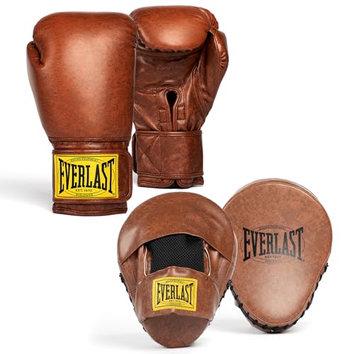 Everlast 1910 Classic Training 16oz Boxing Gloves and Focus Mitts (Brown) Hook & Loop Synthetic Leather Boxing Gloves for Bags & Work, Protective and Comfortable Equipment - Authentic Everlast Gear