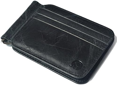 Men's Leather Slim Spring Money Clip Wallet Front Pocket Credit Card Case Holder - Made From Full Grain Leather (Black)