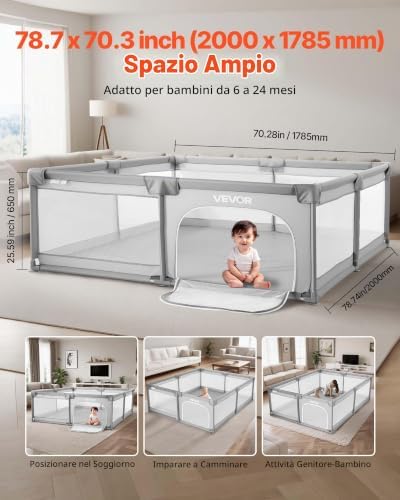 Recinto per Bambini, 2000 x 1785 mm per Neonati, Recinto da Interno Esterno, Centro Attività di Sicurezza Senza Fessure con 50 Palline Oceaniche, Porta con Cerniera e Morbida Rete Traspirante