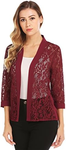 Grabsa Women's Casual 3/4 Sleeve Lace Open Front Cardigan