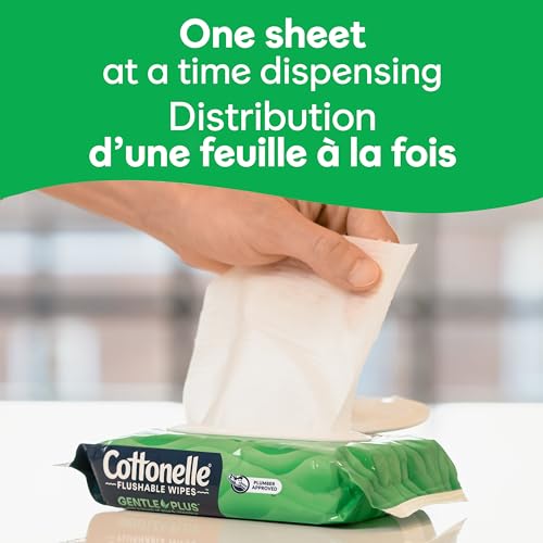 Cottonelle GentlePlus Flushable Wet Wipes with Aloe & Vitamin E - 2 Flip-Top Packs, 84 Total Flushable Wipes | 2 Flip-Top Packs, Soothing, Breaks Down After Flushing, Hypoallergenic, Plant-Based, FSC Certified