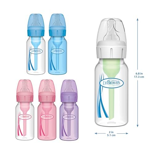 Dr. Brown's Natural Flow Anti-Colic Options+ Narrow Baby Bottle, 4 oz/120 mL, with Level 1 Slow Flow Nipple, 0m+, 4 Bottles