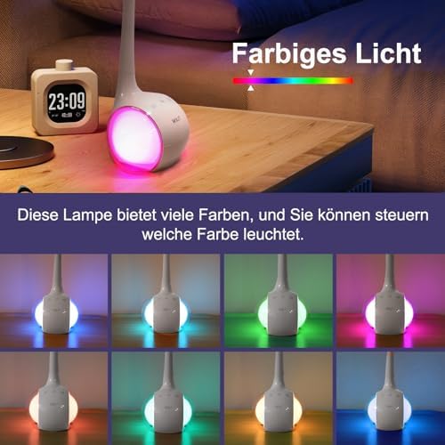 LED Schreibtischlampe Kinder, Schreibtischlampe Farbwechsel Nachttischlampe Kinder Jungen Mädchen, Nachttischlampe Touch Dimmbar mit 3 Helligkeitsstufen, Weiß