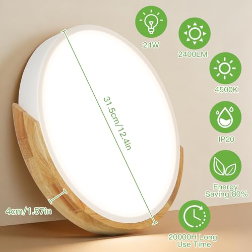 Kimjo 24 W LED Ceiling Light Wood, φ30 cm Round Ceiling Lamp, 2400 LM, 4500 K Modern White LED Ceiling Light for Offices, Living Rooms, Bedrooms, Kitchens, Hallways, Balcony