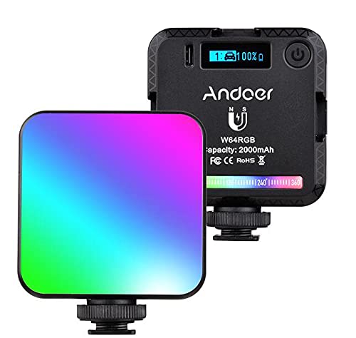 Andoer W64RGB RGB LED Video Light, Photography Lighting CRI95+ 2500K-9000K Dimmablewith LCD Display 3 Cold Shoe Mounts Magnetic Backside for Vlog Live Streaming Video Conference Product Shooting