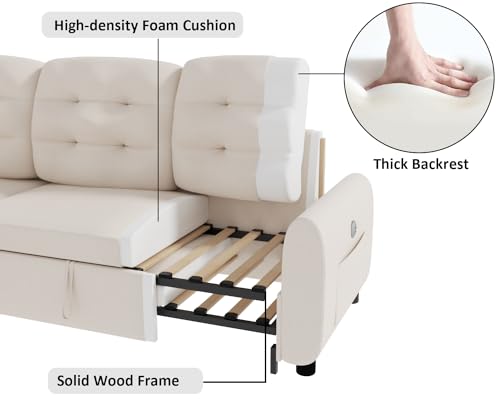 Ucloveria Sectional Sofa Couch, 87" Sleeper Sofa Bed with Reversible Storage Chaise Pull Out Couch for Living Room | Side Pocket | Charging Station | Removable Backrest | Linen Fabric, Beige