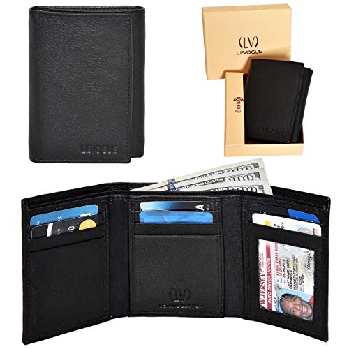 Genuine Leather RFID Blocking Slim Trifold Wallet for Men with 7 Cards+1 ID Window+2 Note Compartments. (BLACK PDM)