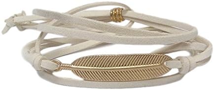 Lovely Gold Toned Feather Ivory Leatherette Wrap Bracelet