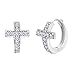 Lesa Michele Womens Cubic Zirconia Cross Huggie Style Hoop Earrings in Rhodium over Sterling Silver