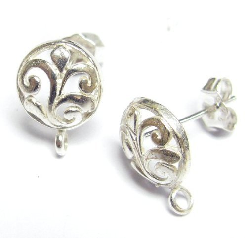 1 pair x Bali Sterling Silver Round Flower Stud Earrings Loop Post Connector w/Clutches/Ear nut